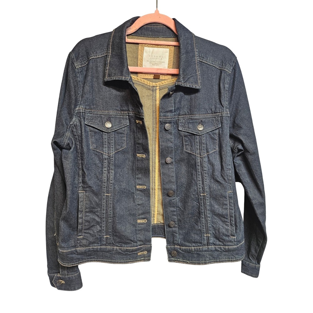 Sonoma Life Style Womens Dark Wash Denim Trucker Jacket Stretch Blue Large L